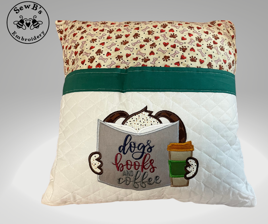 Reading/Pocket Pillow, "Dogs, Books, & Coffee"