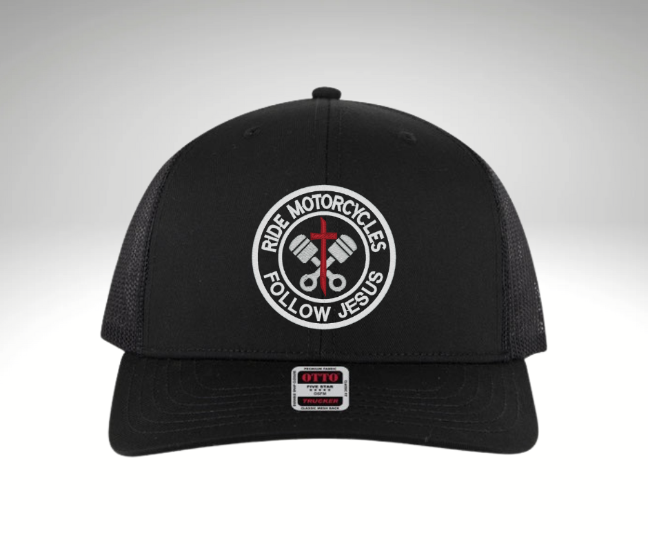 "Black trucker hat with embroidered RIDE MOTORCYCLES FOLLOW JESUS design, mesh back, and adjustable snapback – Christian biker apparel"