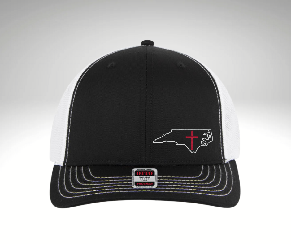 Christian trucker hat with North Carolina outline and cross,NC Cross Trucker Hat front viewFaith-based trucker hat by SewB’s Embroidery