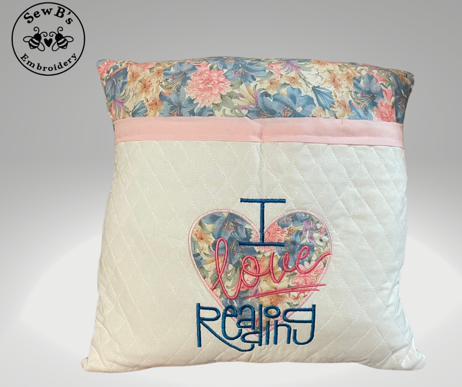 Reading/Pocket Pillow, “I Love Reading” Pink Trim