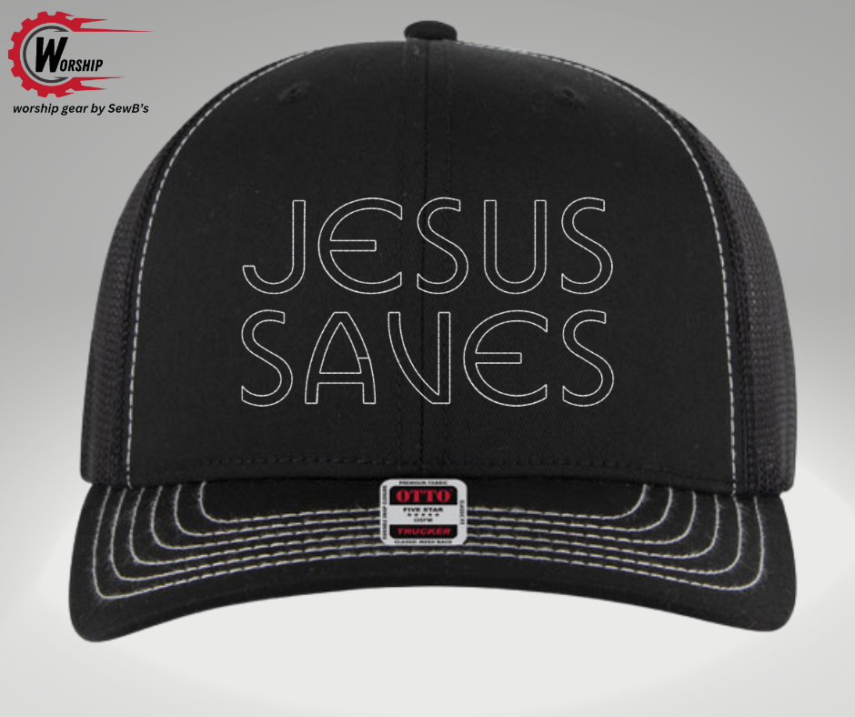 Jesus Saves Trucker Hat Black/White Stitching