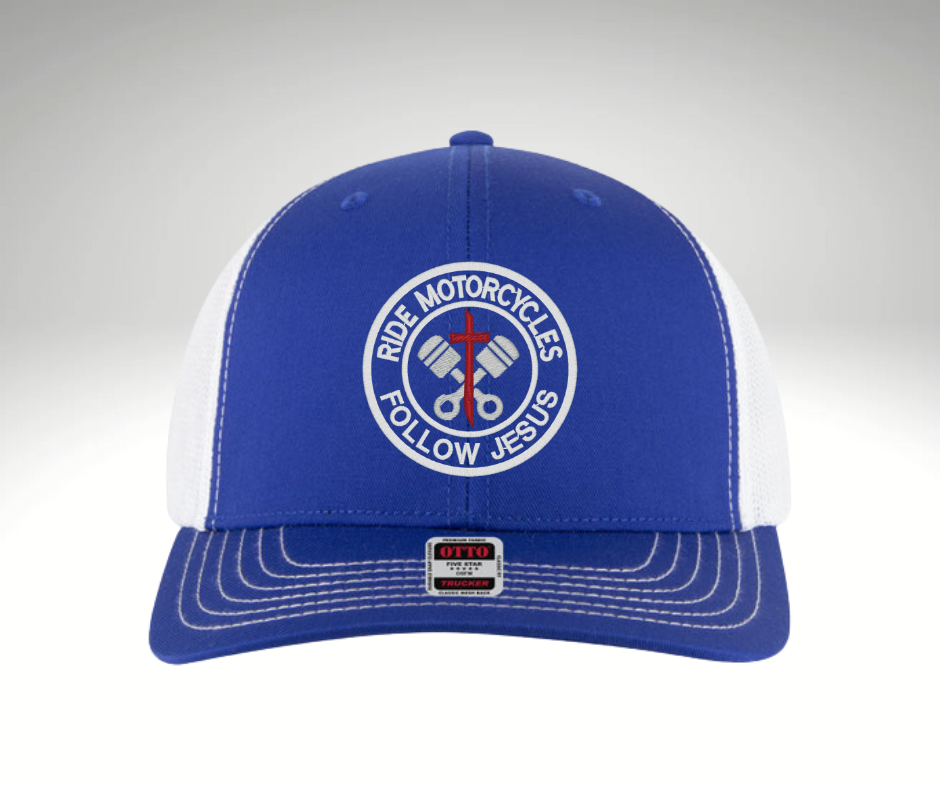 "Blue and white trucker hat with embroidered RIDE MOTORCYCLES FOLLOW JESUS design, mesh back, and adjustable snapback – Christian biker apparel"