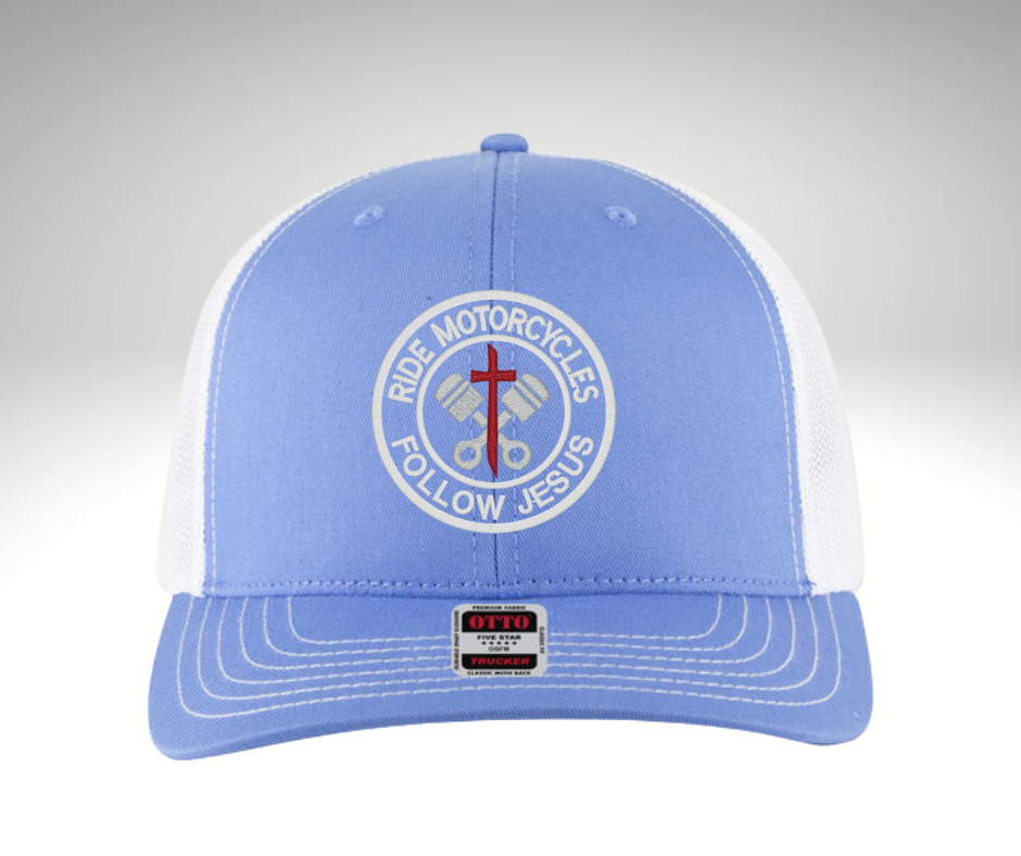 "Blue and white trucker hat with embroidered RIDE MOTORCYCLES FOLLOW JESUS design, mesh back, and adjustable snapback – Christian biker apparel"