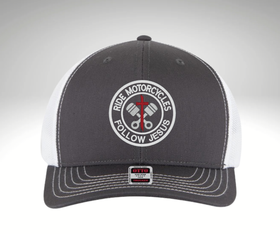 "Grey and white trucker hat with embroidered RIDE MOTORCYCLES FOLLOW JESUS design, mesh back, and adjustable snapback – Christian biker apparel"