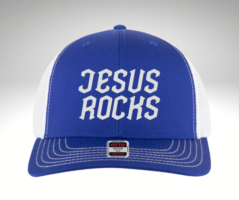 Jesus Rocks Trucker Hat Blue/White