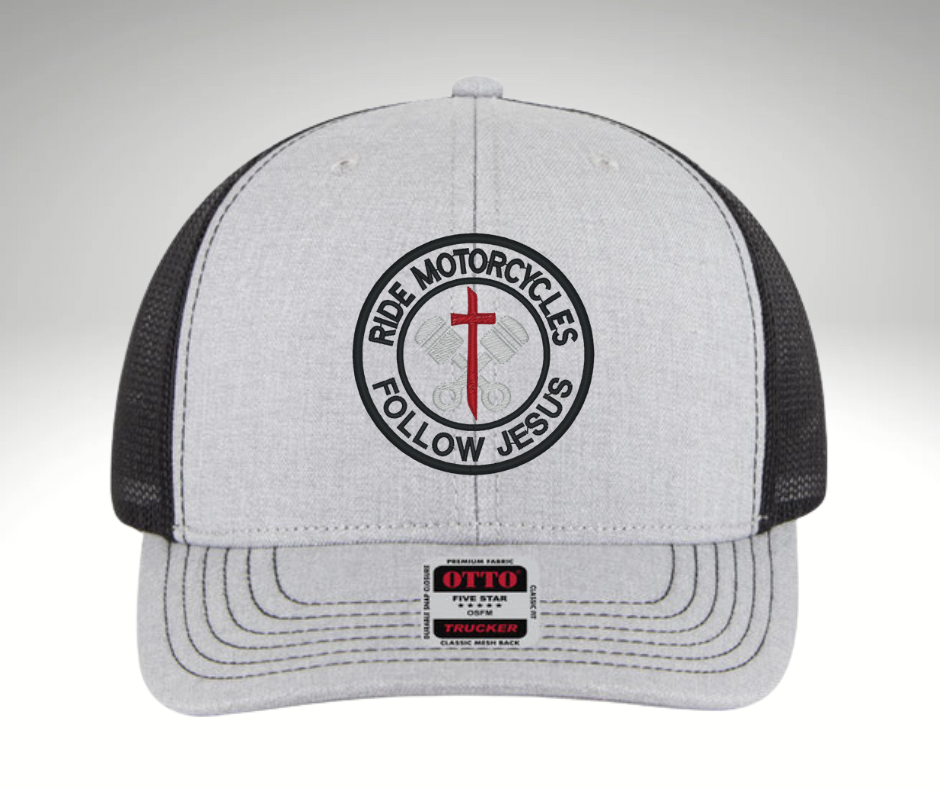 "Heather Grey and black trucker hat with embroidered RIDE MOTORCYCLES FOLLOW JESUS design, mesh back, and adjustable snapback – Christian biker apparel"