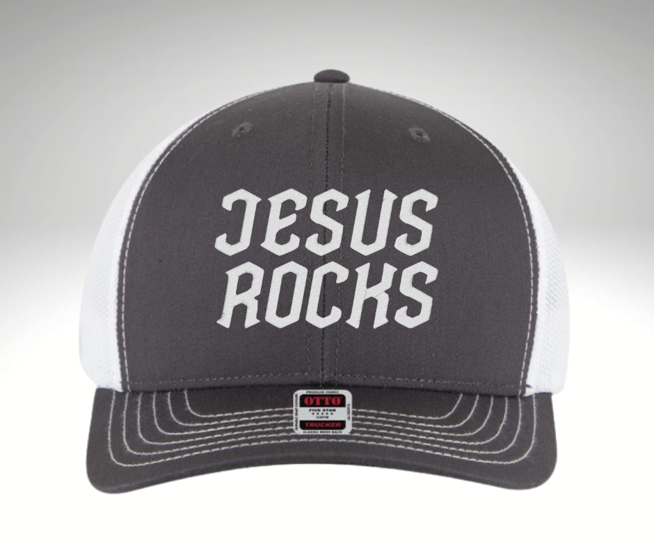 Jesus Rocks Trucker Hat Charcoal/White