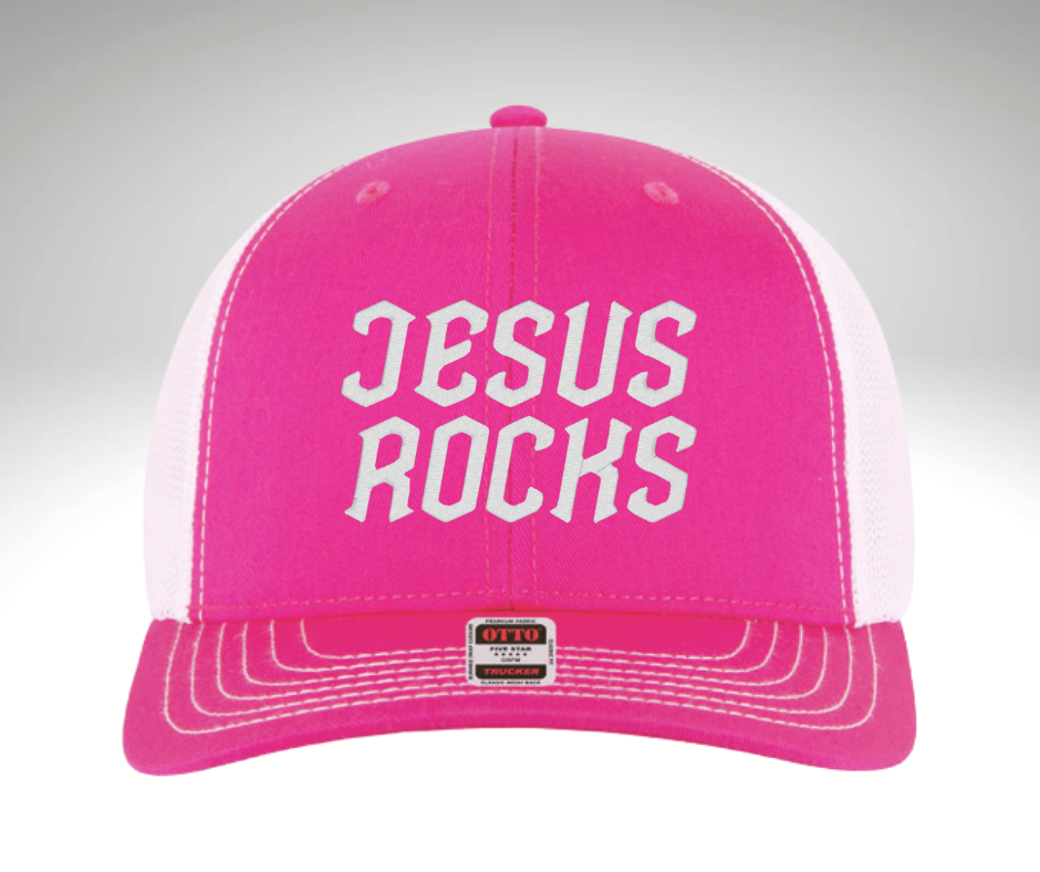 Jesus Rocks Trucker Hat Pink'White