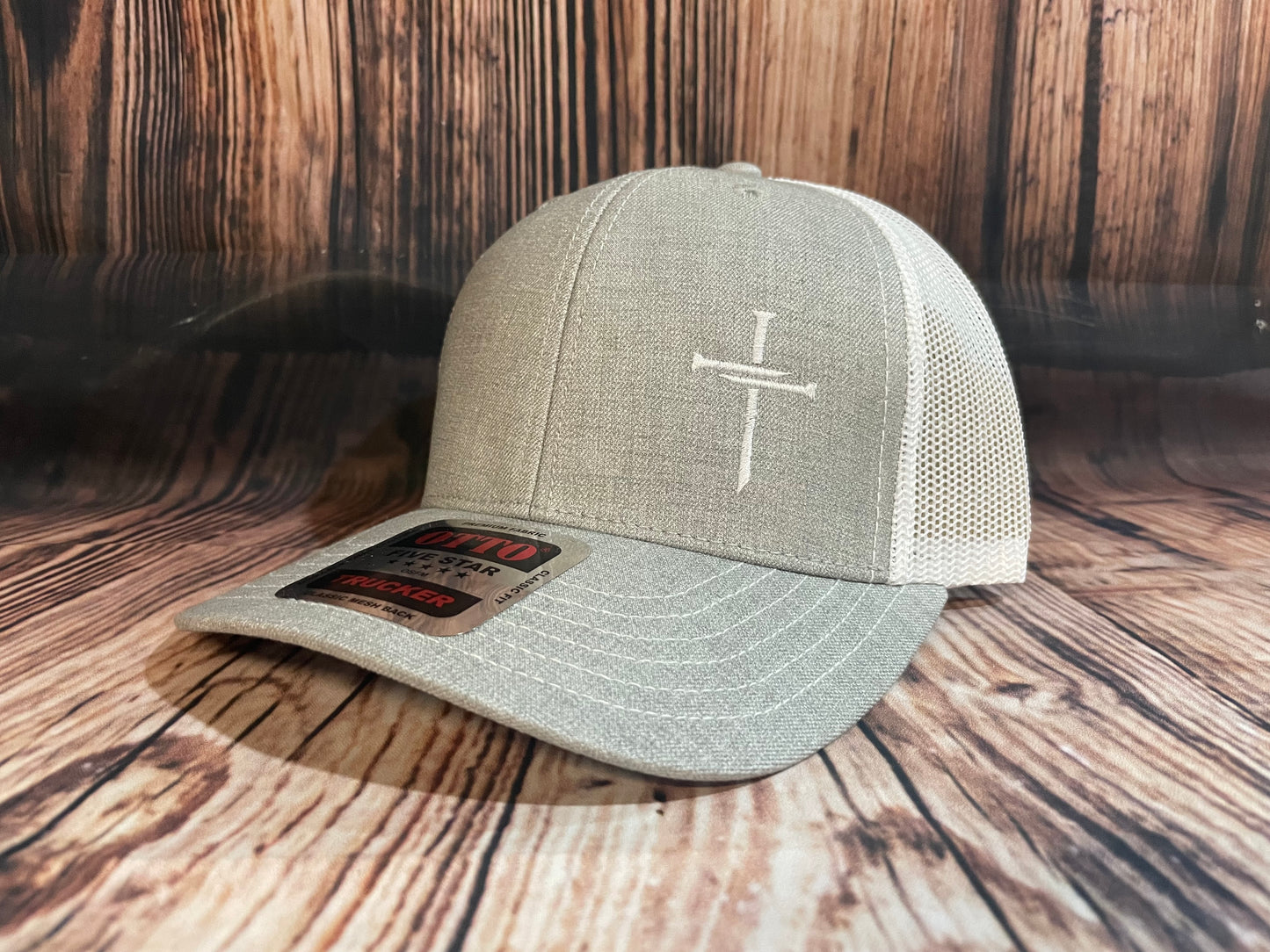 Adjustable 3 Nail Cross Hat in Heather Grey, featuring a bold Christian embroidered cross design made from three nails