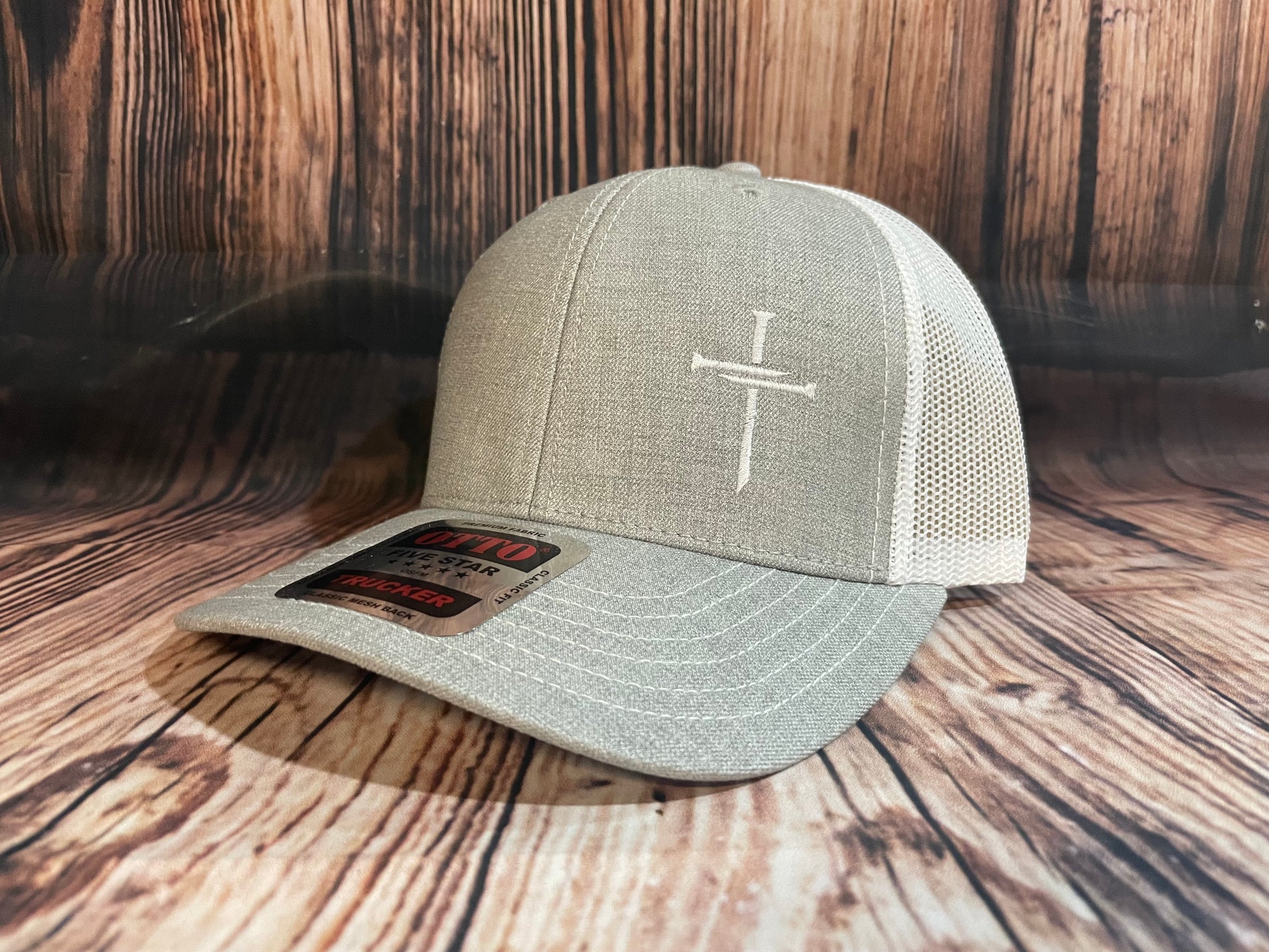 Adjustable 3 Nail Cross Hat in Heather Grey, featuring a bold Christian embroidered cross design made from three nails
