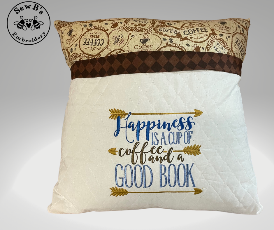 Reaading’Pocket Pillow, White Pocket Panel “Coffee and a Good Book” Design
