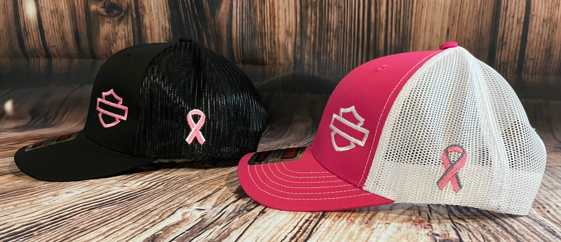 Motorcycle Themed Breast Cancer Awareness Trucker hat Sew B's Embroidery